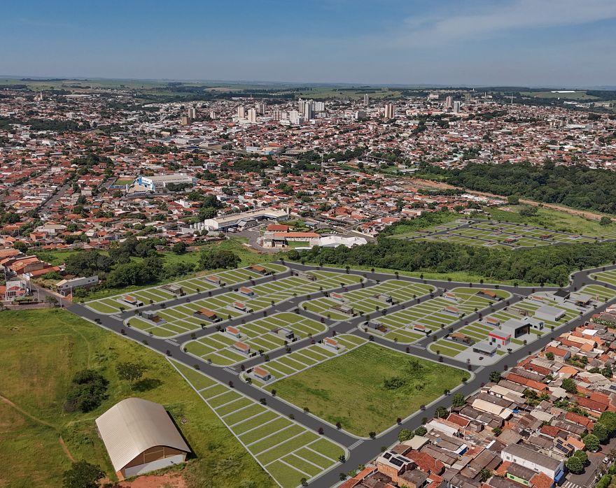 Vista aérea de Lins com as ruas e quadras do Jardim de Lins desenhadas em primeiro plano